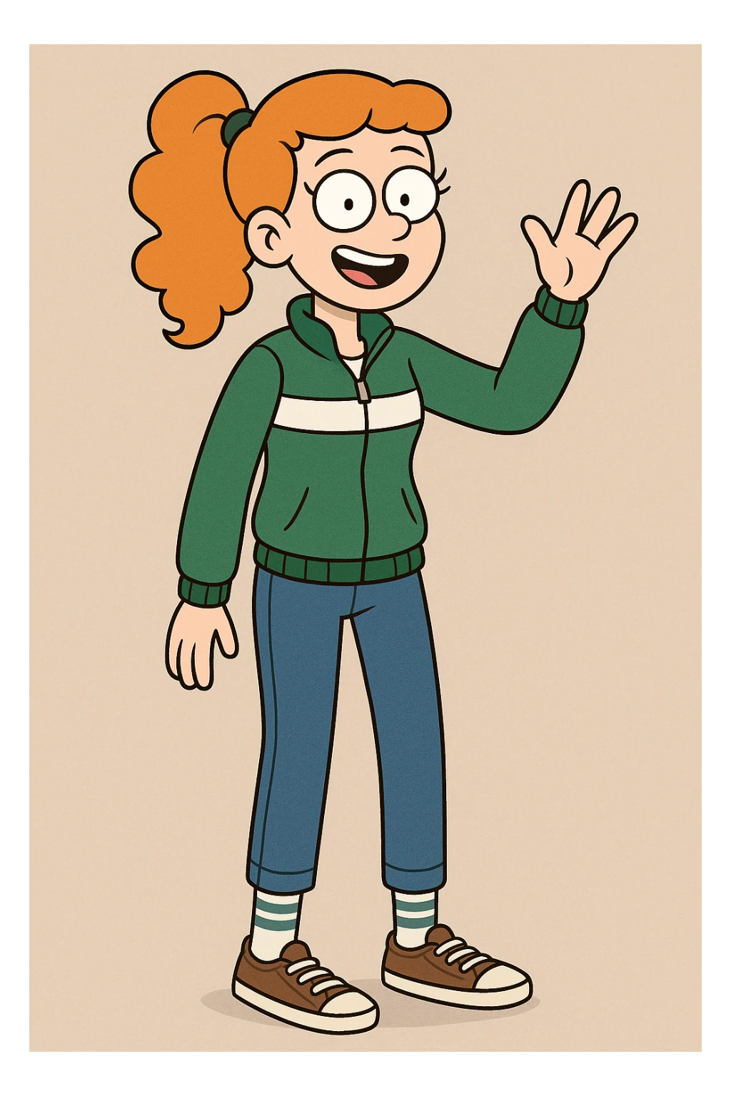 A girl Orange curly ponytail white green stripes ddre sshair jacket jeans blue sports striped socks brown converse women's chuck taylor all star shoreline slip on casual shoe wave and say hello sticker