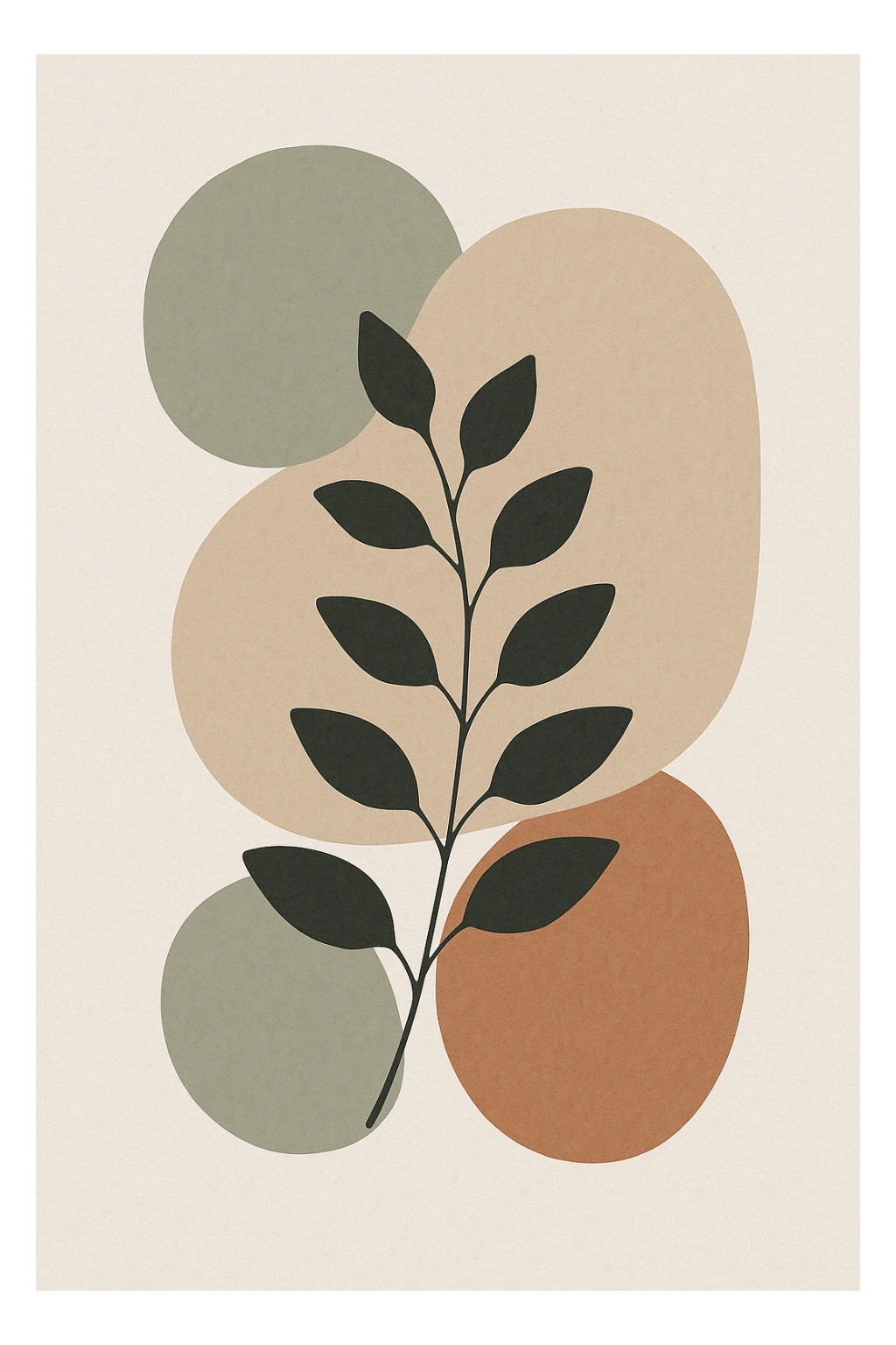 abstract botanical wall art, minimalist scandinavian style, large rounded organic shapes, eucalyptus branch silhouette, neutral earth tones (beige, sage, terracotta), subtle paper texture, modern interior decor, full bleed composition --v 6 --ar 3:4 --q 2 --style 4a sticker