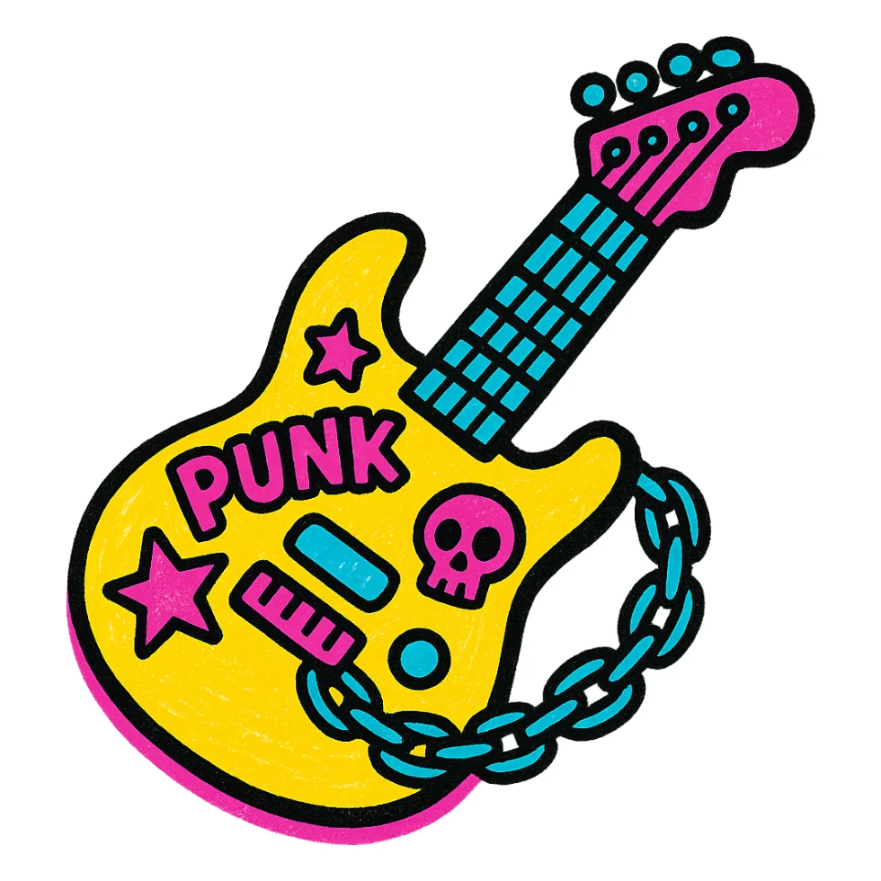 punk electric guitar with stickers and chains, energetic vibe sticker