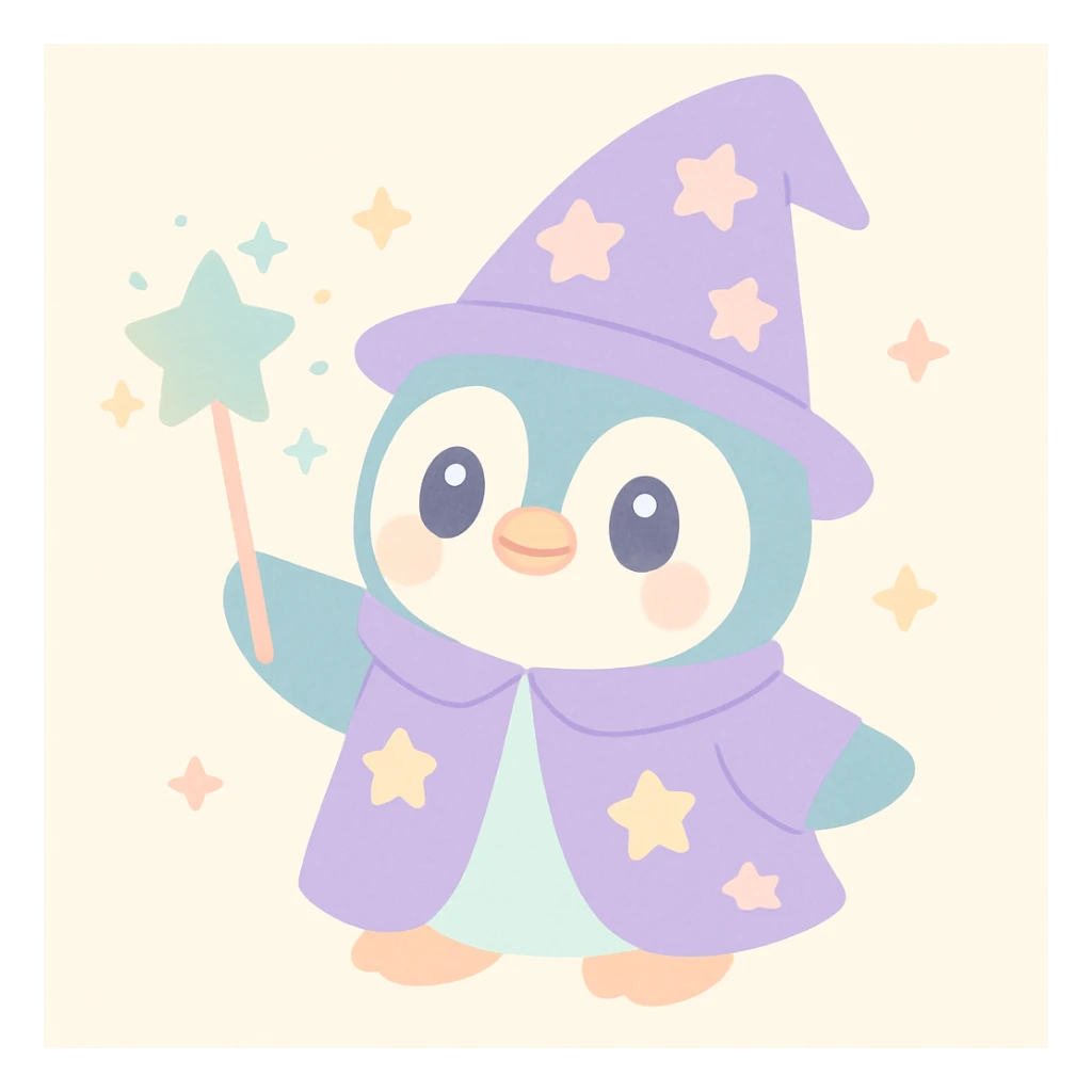a cute penguin wizard casting a sparkling spell, wearing a starry robe and hat sticker