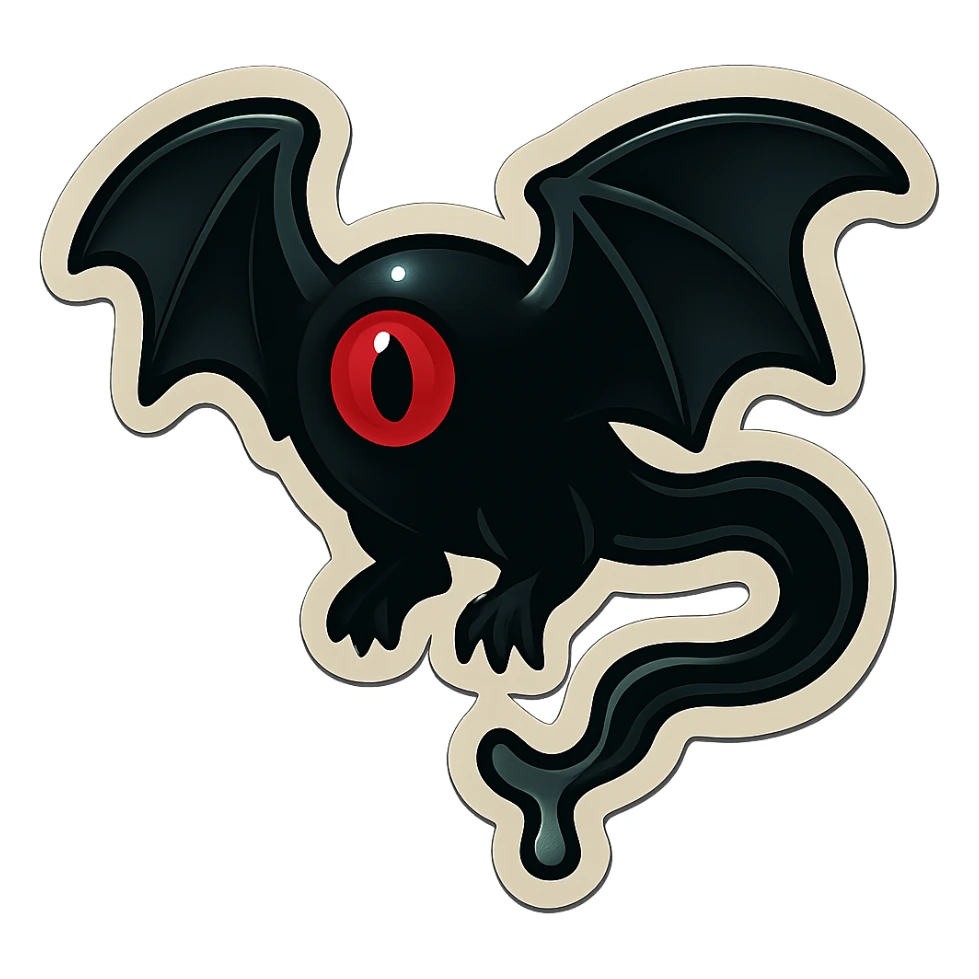 an all black reptilian bat-like creature. One cyclopian red eye in its face. no visible mouth or ears. 2 hind legs with claws. has a long tale with a stinger that drips green poison. no ears. no horns. no arms. sticker