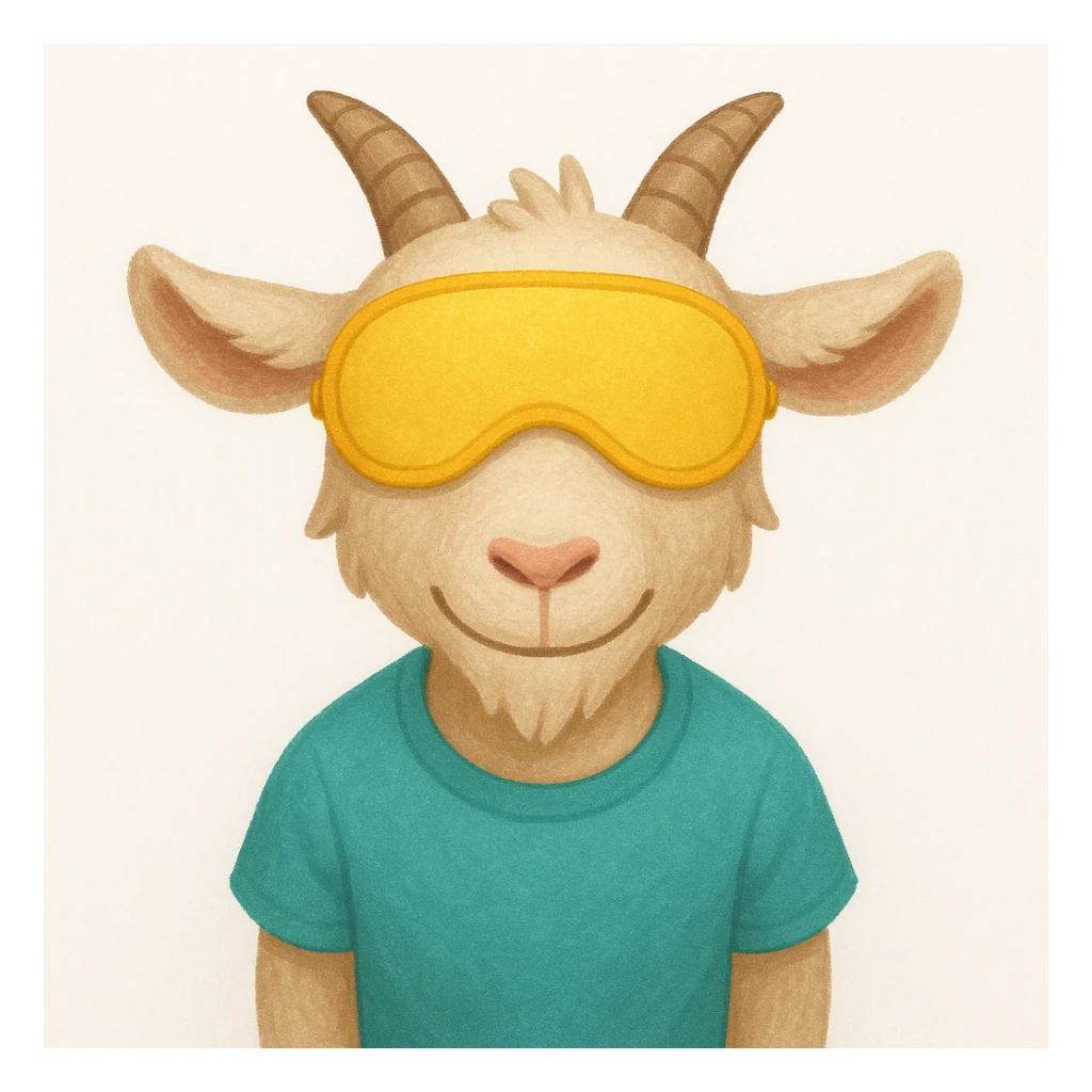 a goat with yellow sleep mask and wearing shirt, front view,  Frontal Top-Down Soft Light, white background, portrait, casual cartoon stylized sticker