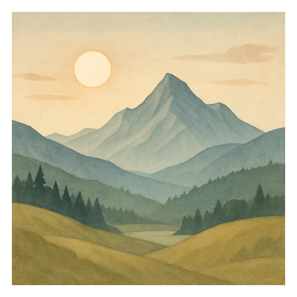 simple mountain landscape with sun, peaceful and scenic, general style sticker