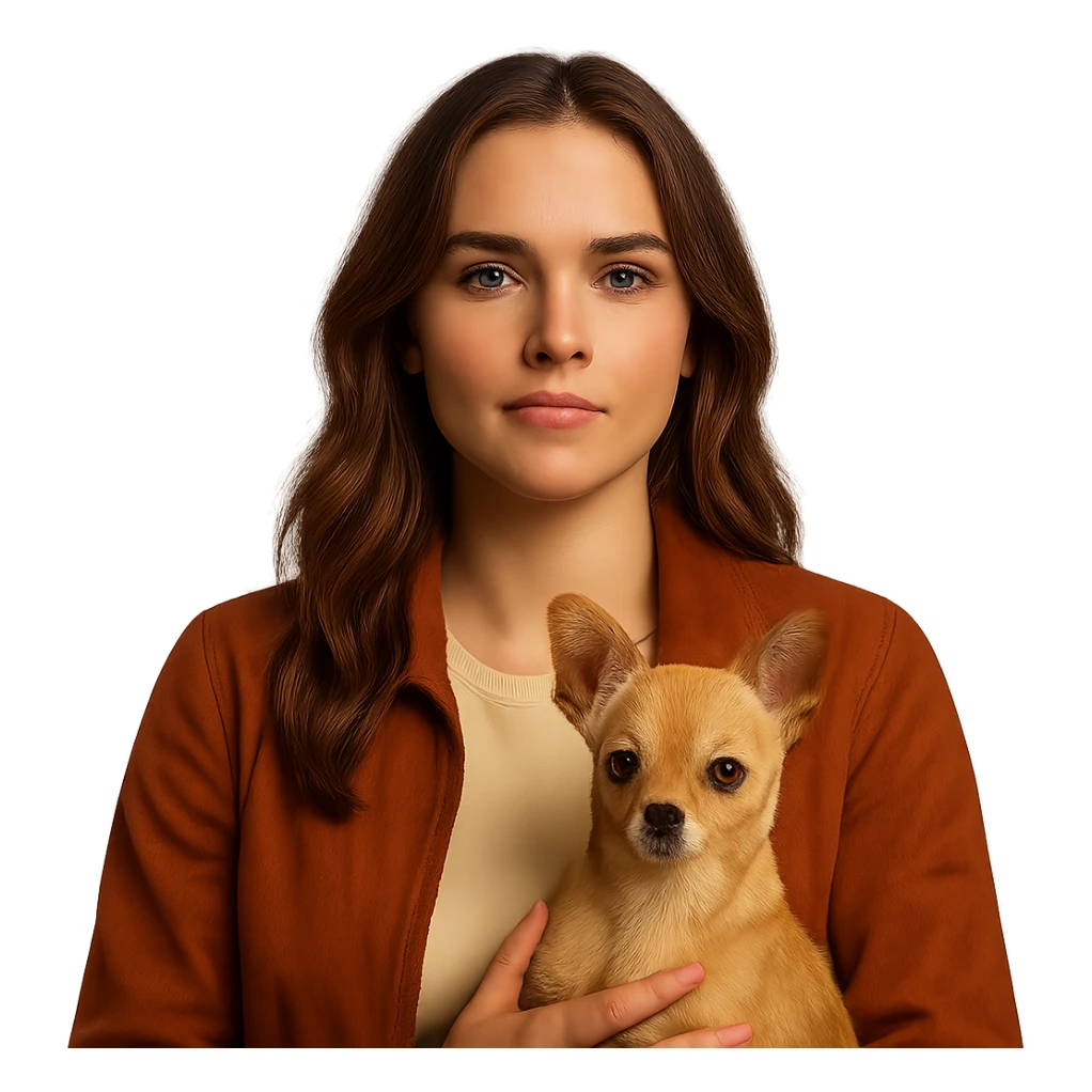 Portrait centered for Instagram profile picture, inspired by the facial features visible in the reference images, with tanned skin and subtle freckles, wearing a shirt color #FFF8CA and a rust-colored jacket, medium-length brown hair with auburn highlights, proud and confident expression, holding a beige-brown chihuahua, Netflix series style, transparent background, intimate Tenerife ambiance. sticker