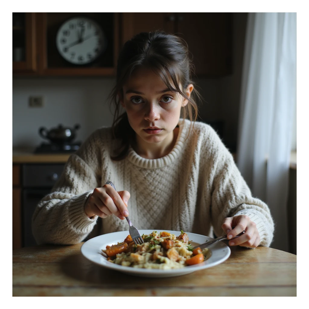 thin young woman pushing food around her plate with a fork, dark circles under her eyes, wearing an oversized sweater emphasizing frail frame, kitchen clock in background showing 3PM, cold uneaten dinner on table, natural light highlighting hollow cheeks, hyperrealistic 4K details sticker