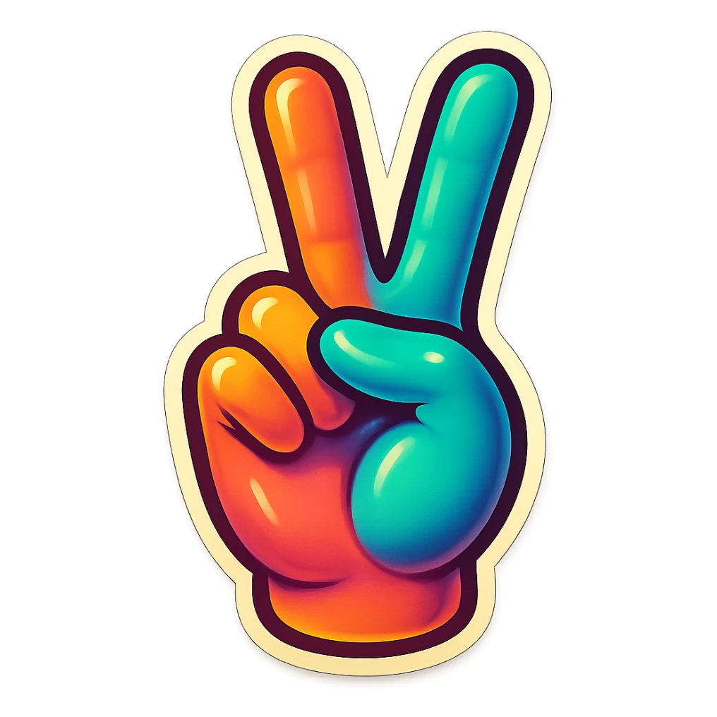 a peace sign hand gesture with colorful outlines, retro sticker style sticker