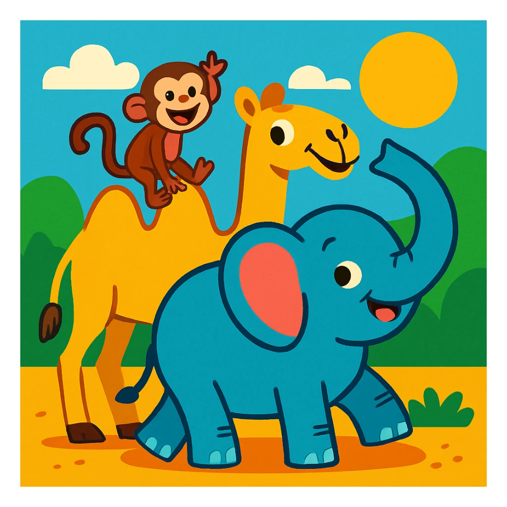 group of monkey, camel, and elephant together, cartoon style, vibrant colors, playful scene sticker