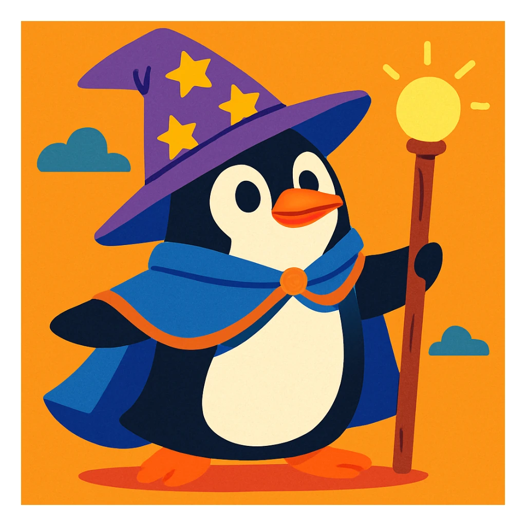 a penguin dressed as a wizard, with a pointed hat and a magic staff, fun whimsical style, vibrant colors, cartoonish sticker