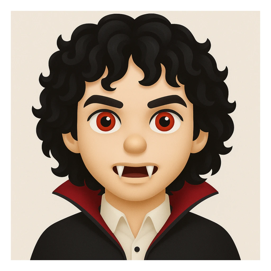 Create an image of a vampire boy with medium-length curly black hair and more prominent fangs in an emoji style. The style should resemble emoji aesthetics but use the general editing model for best results. sticker