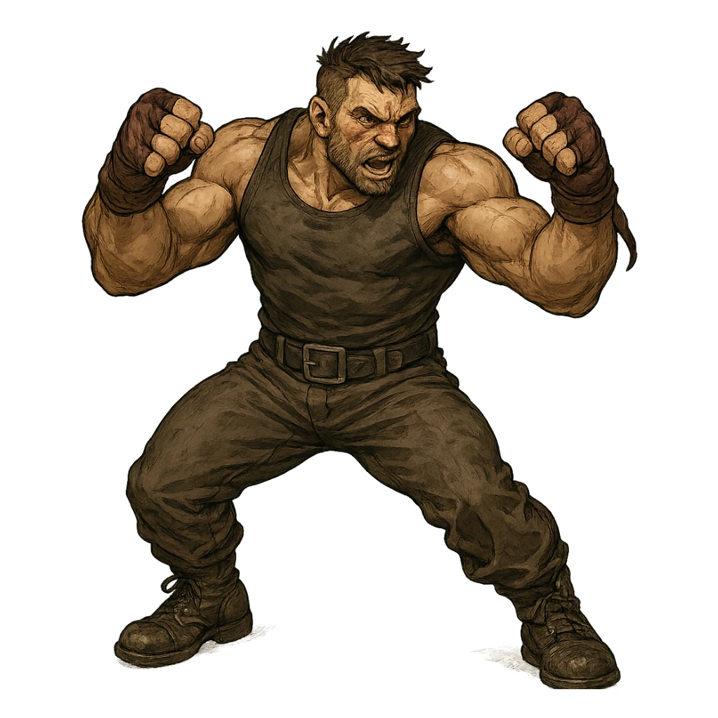 a tough brawler character, muscular, ready to fight, in a dynamic pose, detailed general illustration sticker