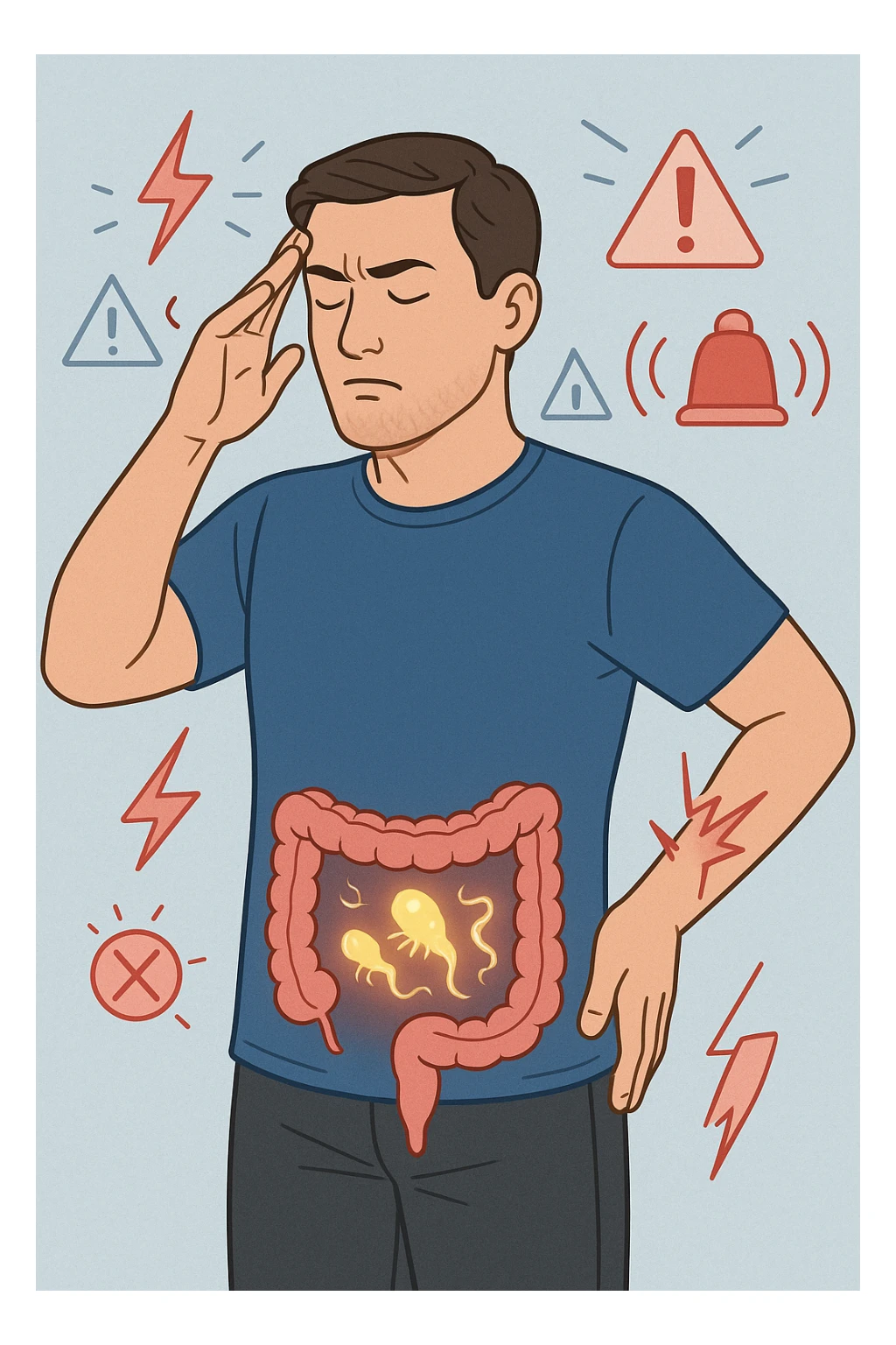 uomo che ignora i suoi un mal di testa, mal di schiena e dolore articolare e ignora ogni segnale e messaggio che il corpo manda per avvertirlo, ma alla fine dipendono tutto dai parassiti intestinali  sticker