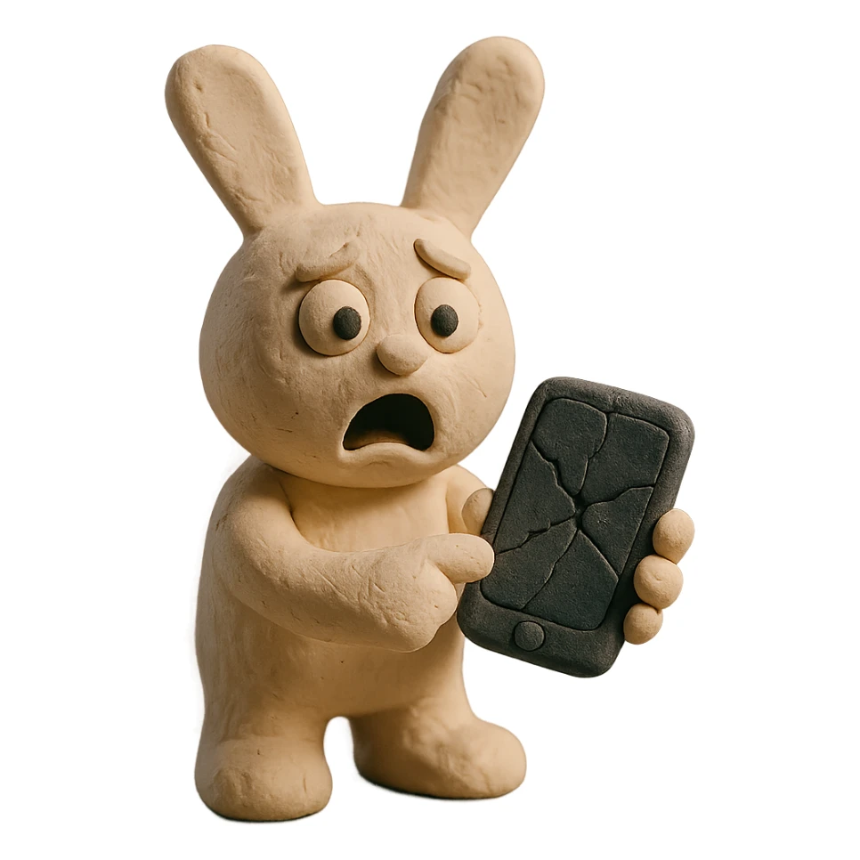 white bunny holding cracked phone with shocked face, claymation style sticker