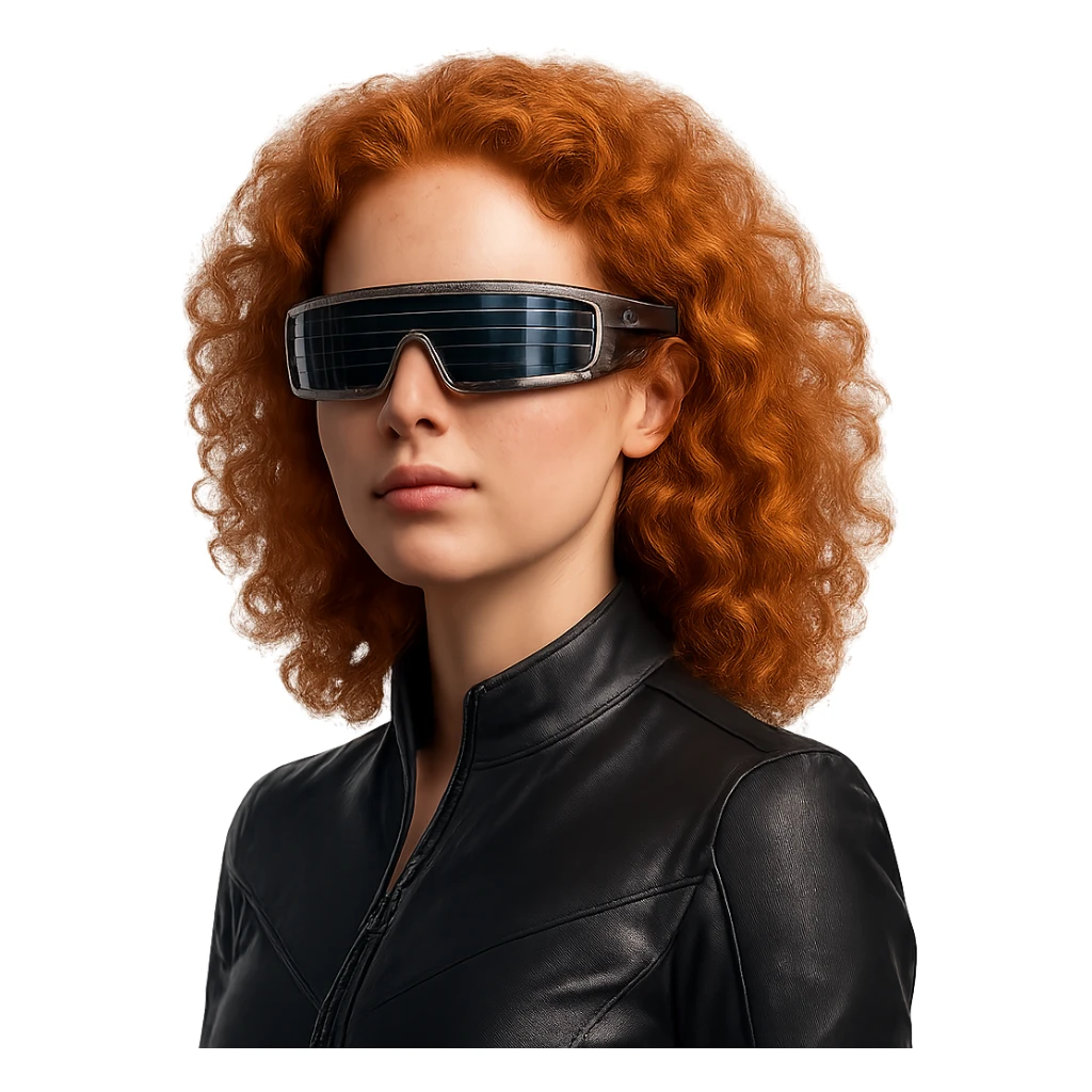 beautiful red-haired person with futuristic solar glasses, confident expression sticker