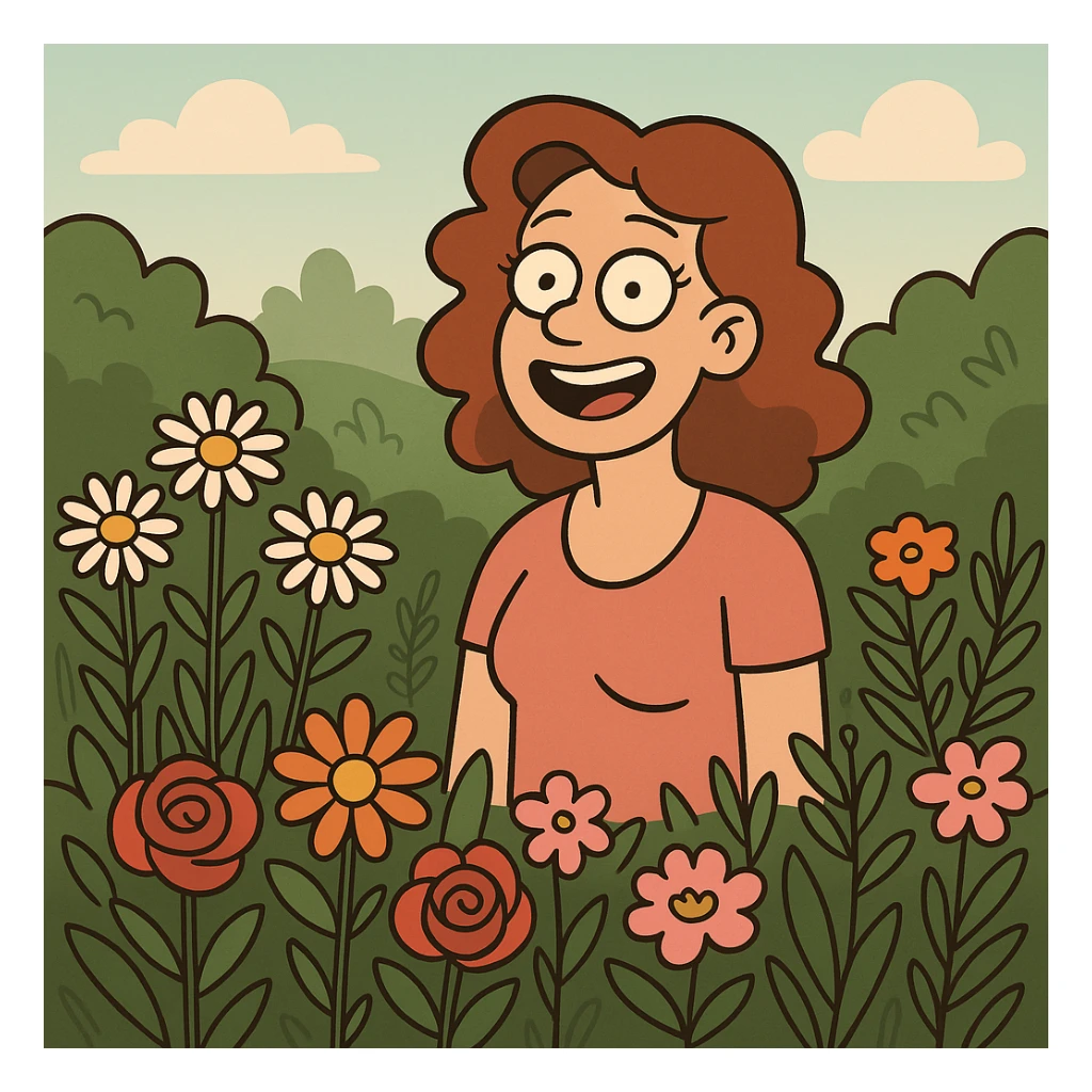 person surrounded by flowers and greenery in a garden sticker
