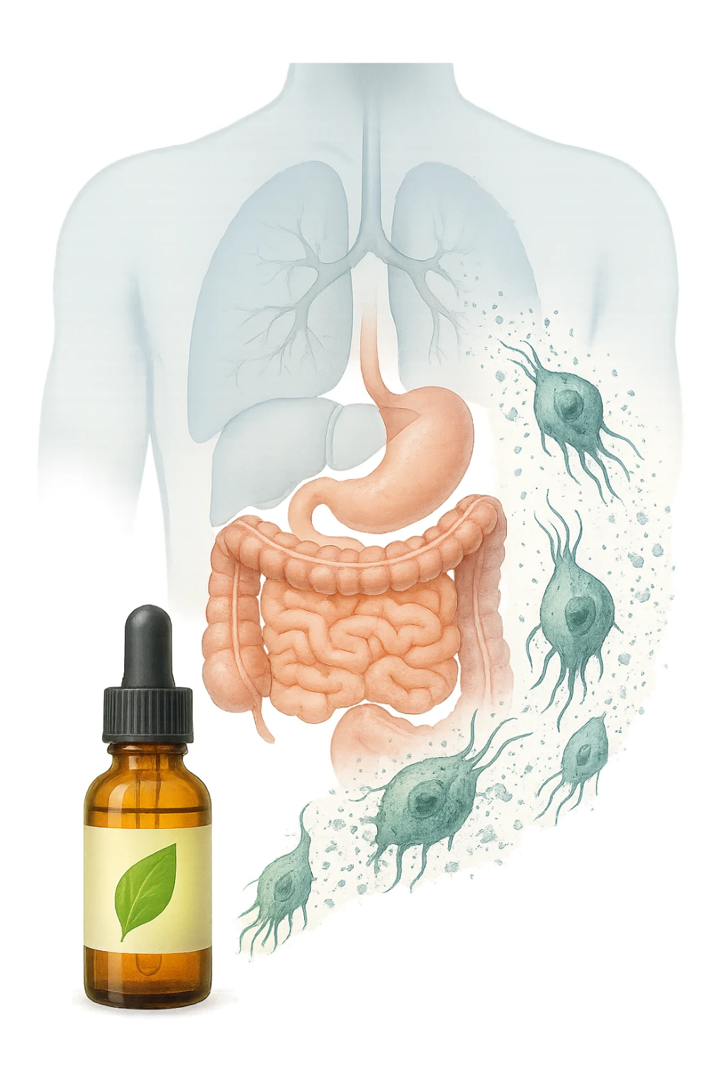A realistic, high-quality medical illustration showing microscopic parasites leaving the human intestines, symbolically dissolving and breaking apart, after the intake of natural kinesiological drops. The drops are shown in a small amber glass dropper bottle in the foreground with a green leaf on the label, emitting a subtle glow symbolizing detox and cleansing. The background depicts a semi-transparent human silhouette with a highlighted digestive tract, showing clean, healthy intestines, while parasites in translucent fading colors are moving out, symbolizing elimination. The atmosphere is clean, fresh, and conveys a sense of natural healing, detoxification, and hope. sticker