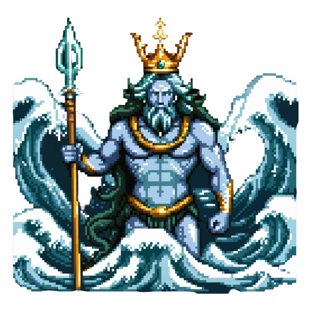 Neptune with trident emerging from ocean waves, sea god with crown sticker