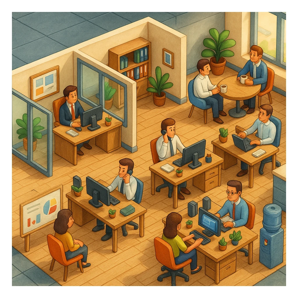 В слегка рисованном, но при этом ярком и объемном стиле - четкую, изометрическую 3D-сцену в мультяшном стиле с видом сверху под углом 45°, изображающую офис кабинетами, open space и другими характерными местами. В офисе работают люди - кто-то говорит по телефону, работает за компьютером, другие пьют кофе, сидят на общем собрании, переговори. Используйте мягкие, изысканные текстуры с реалистичными PBR-материалами и мягким, реалистичным освещением и тенями, не обрезать картинку краями кадра sticker