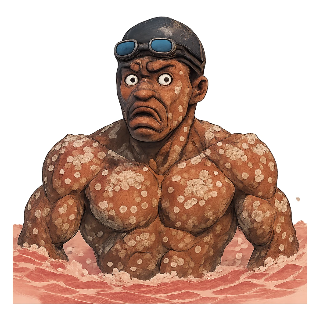 Африканский пловец в чуть рисованном объемном стиле, его тело в кристаллах и разводах соли, лицо недовольно удивленное, прозрачный фон, вода чуть розового цвета sticker