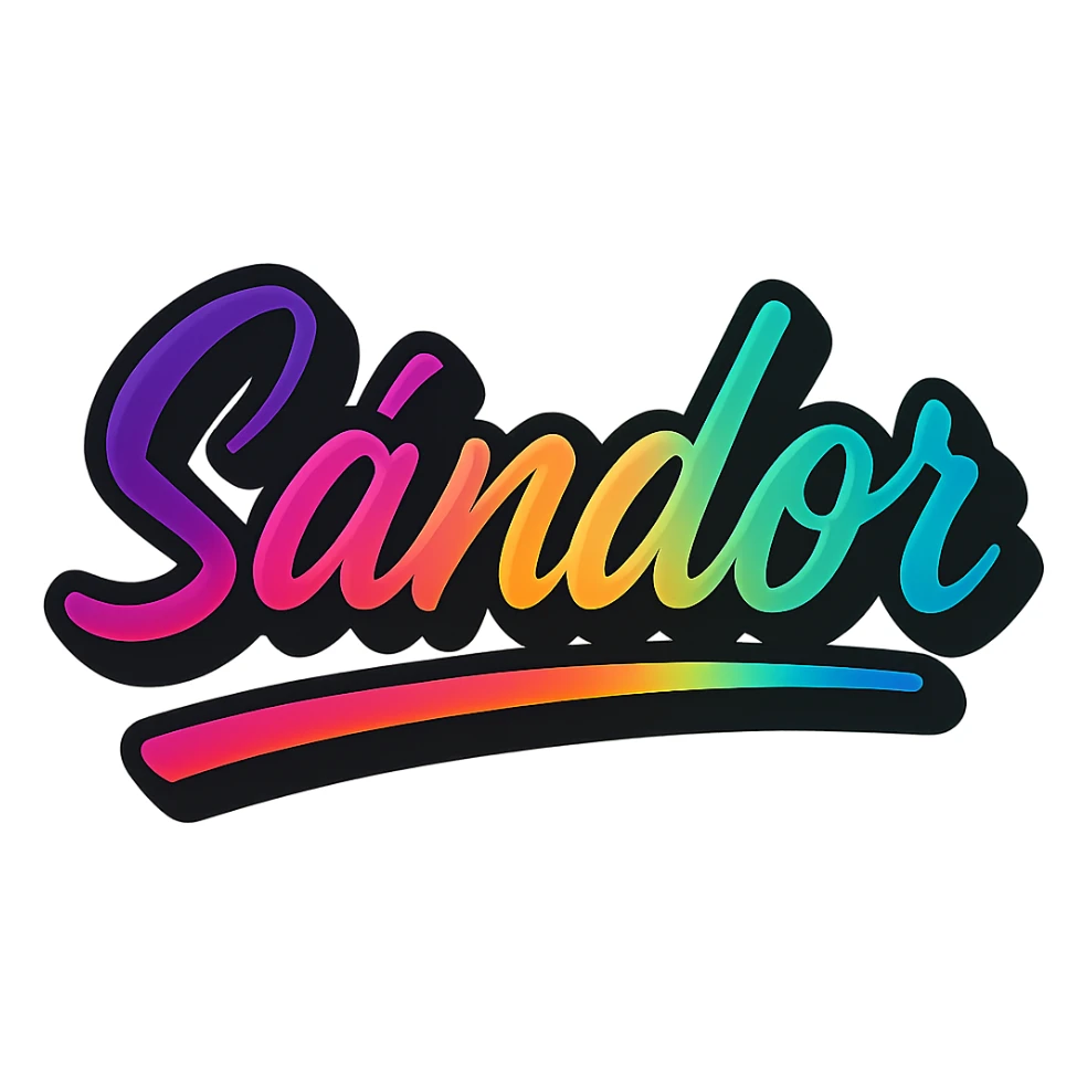 The name 'Sándor' in a modern, colorful gradient font with a dark outline, on a transparent background, with the name underlined or partially underlined with a dynamic, slanted underline, in the style of the sample images. sticker