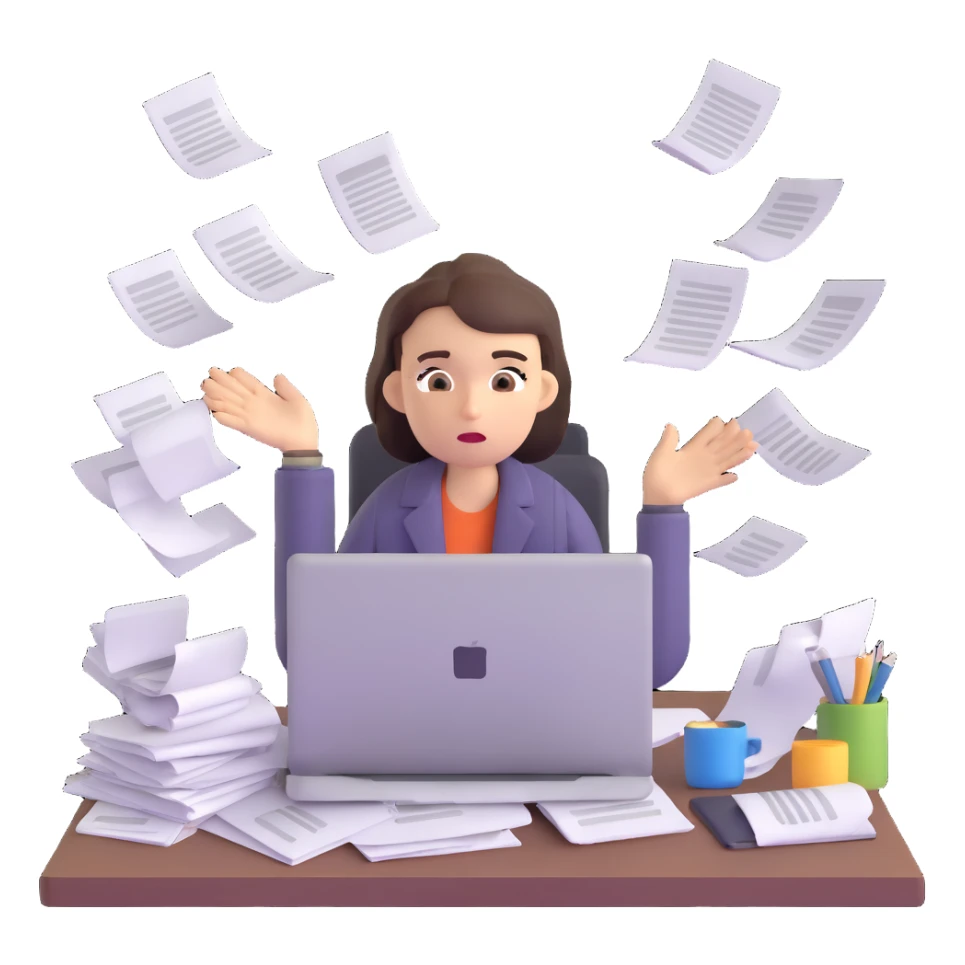 tired woman at a desk with a MacBook, surrounded by messy papers, emphasizing disorganization sticker