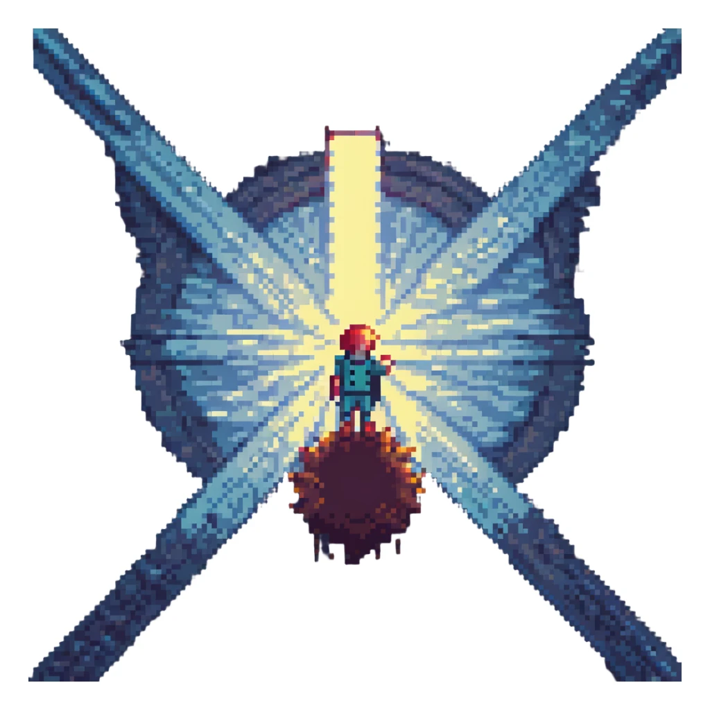a person floating upwards in a beam of light, pixel art style sticker