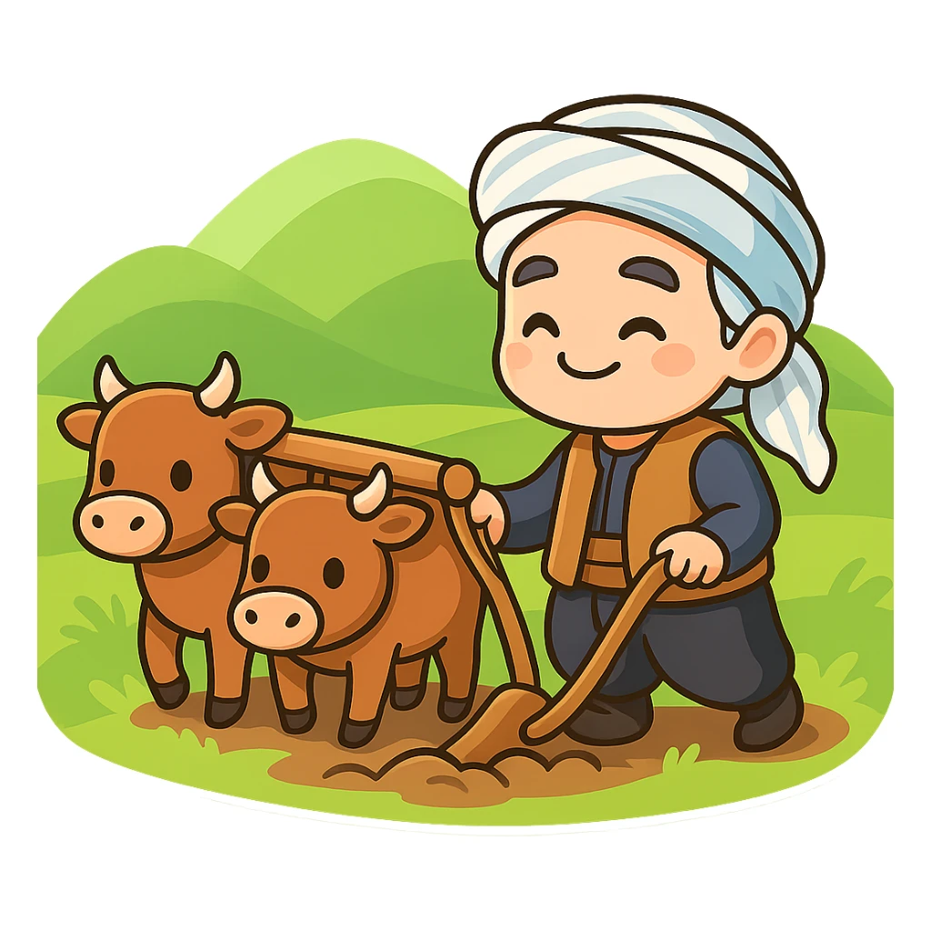Create a colorful and cheerful cartoon sticker featuring a Kurdish farmer with two cows, a yoke, and a plow on a green hillside. The style should be vibrant, cute, and suitable for WhatsApp and Instagram usage. Maintain a transparent background for easy sticker use. sticker