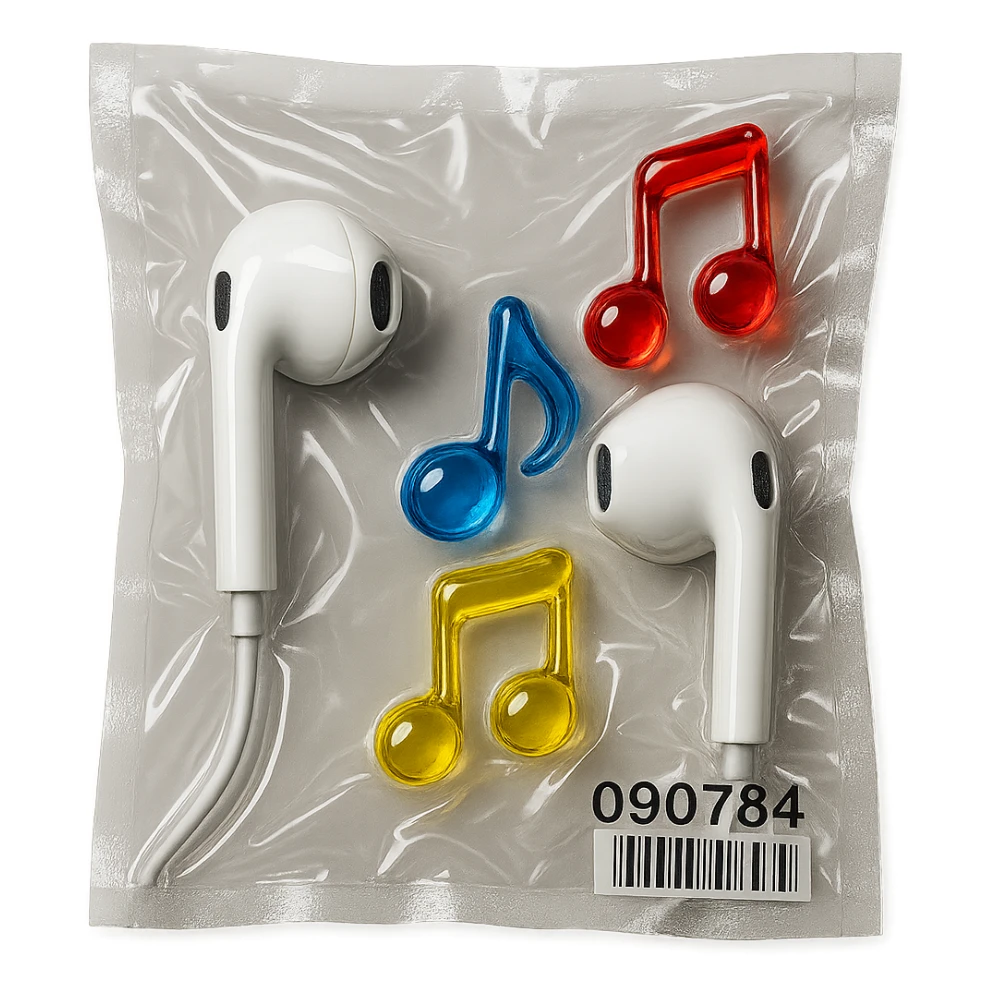 pair of white EarPods with three floating transparent glass music notes in primary colors, glossy and inflated, vacuum-sealed style sticker