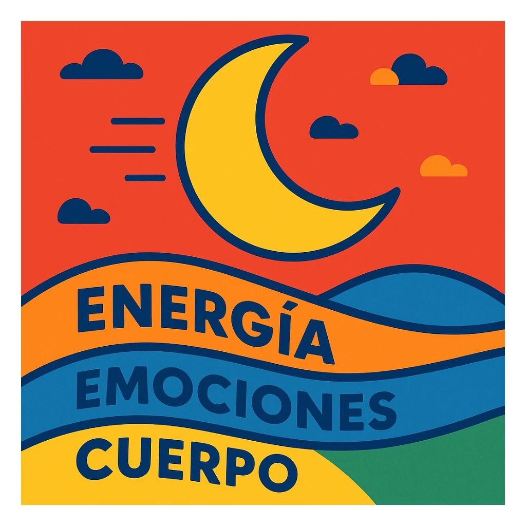 moon moving in a red sky, words 'energía', 'emociones', 'cuerpo' visible, colorful cartoon style sticker