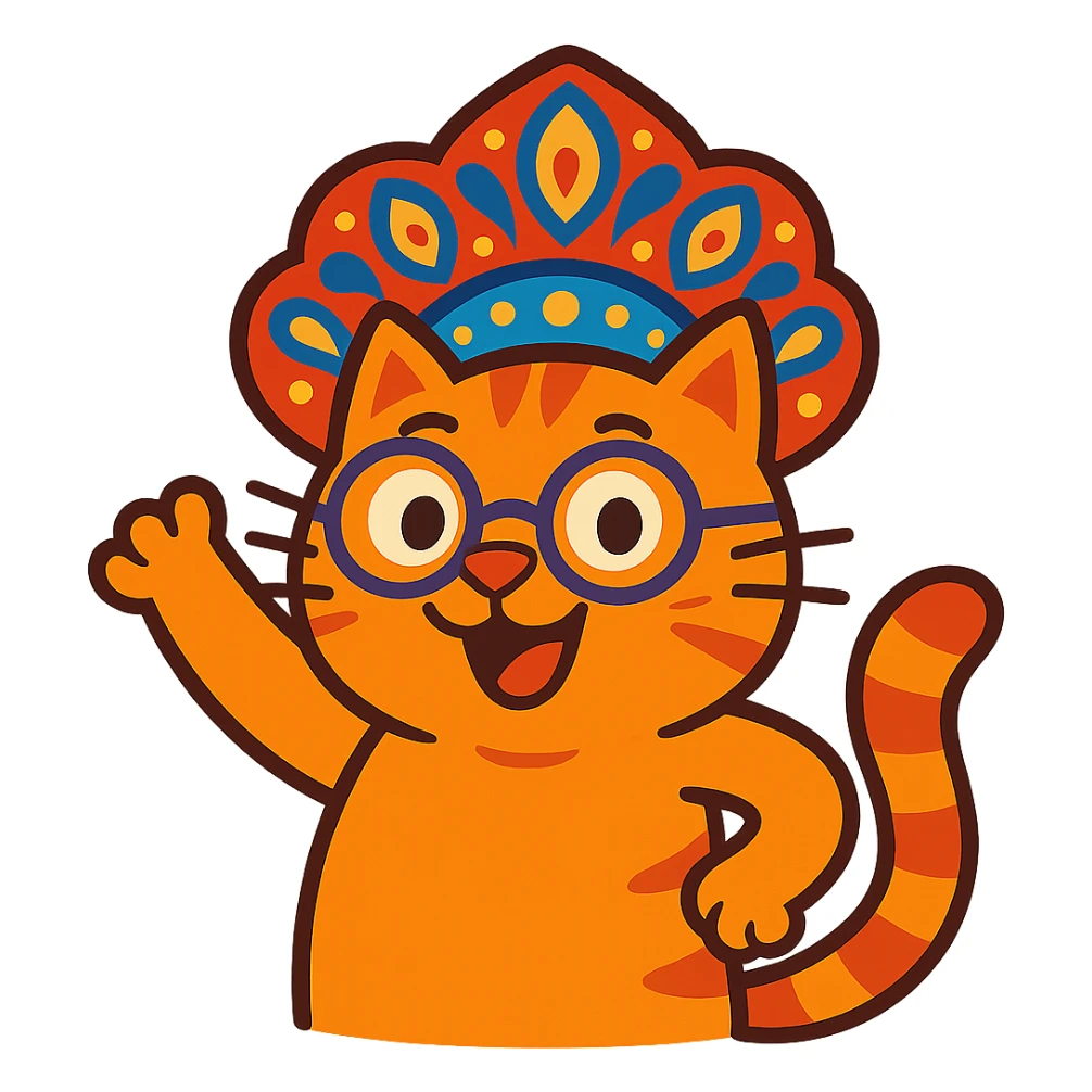A cat with a kokoshnik and round glasses, lively and animated. sticker