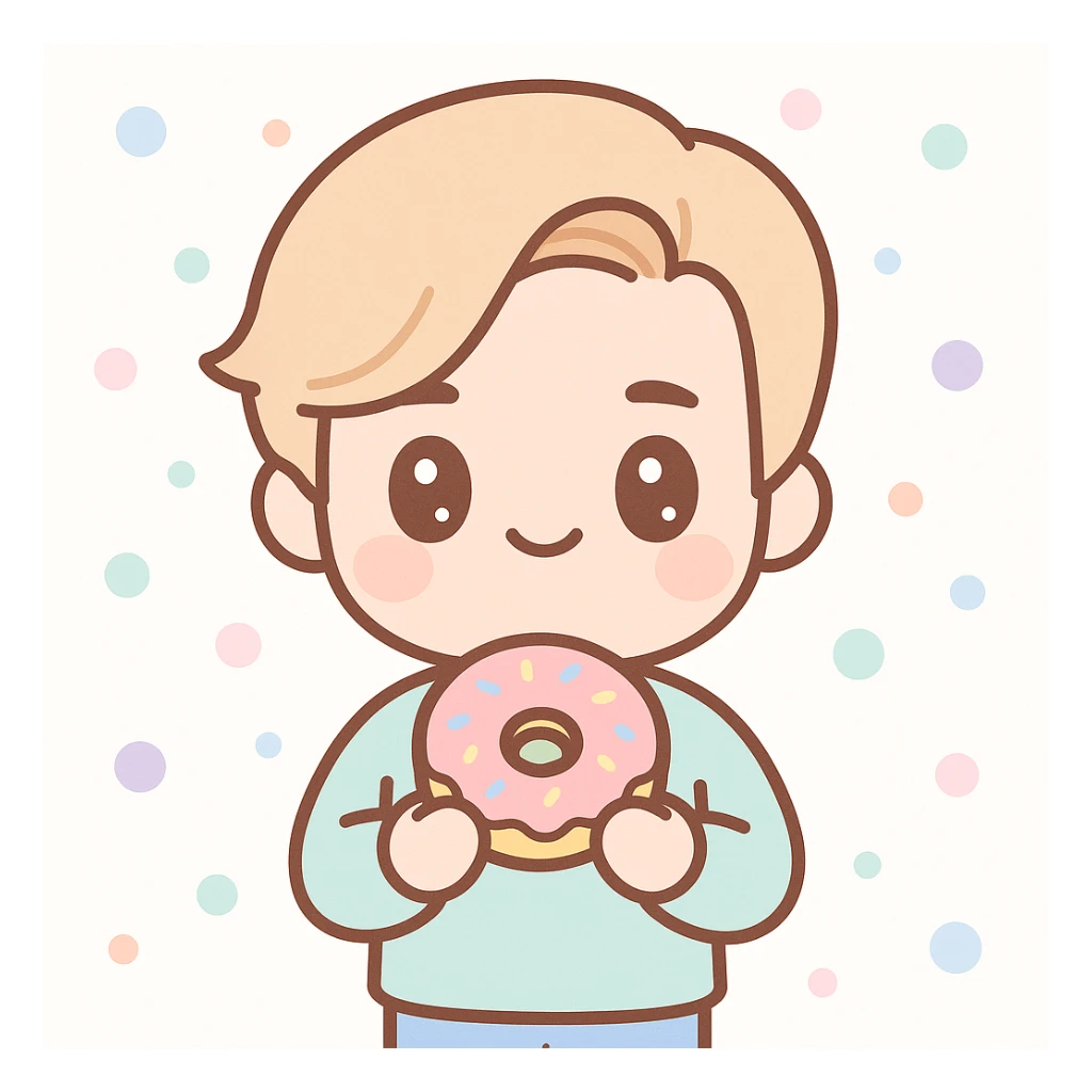 kawaii style illustration of Justin Bieber holding a donut sticker