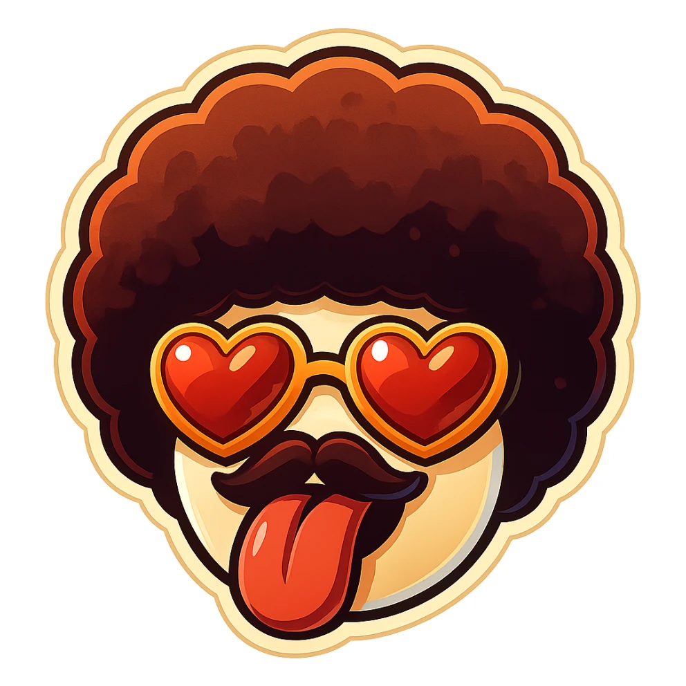 White circle face, afro, heart glasses, big heart eyes, tounge rolled out sticker