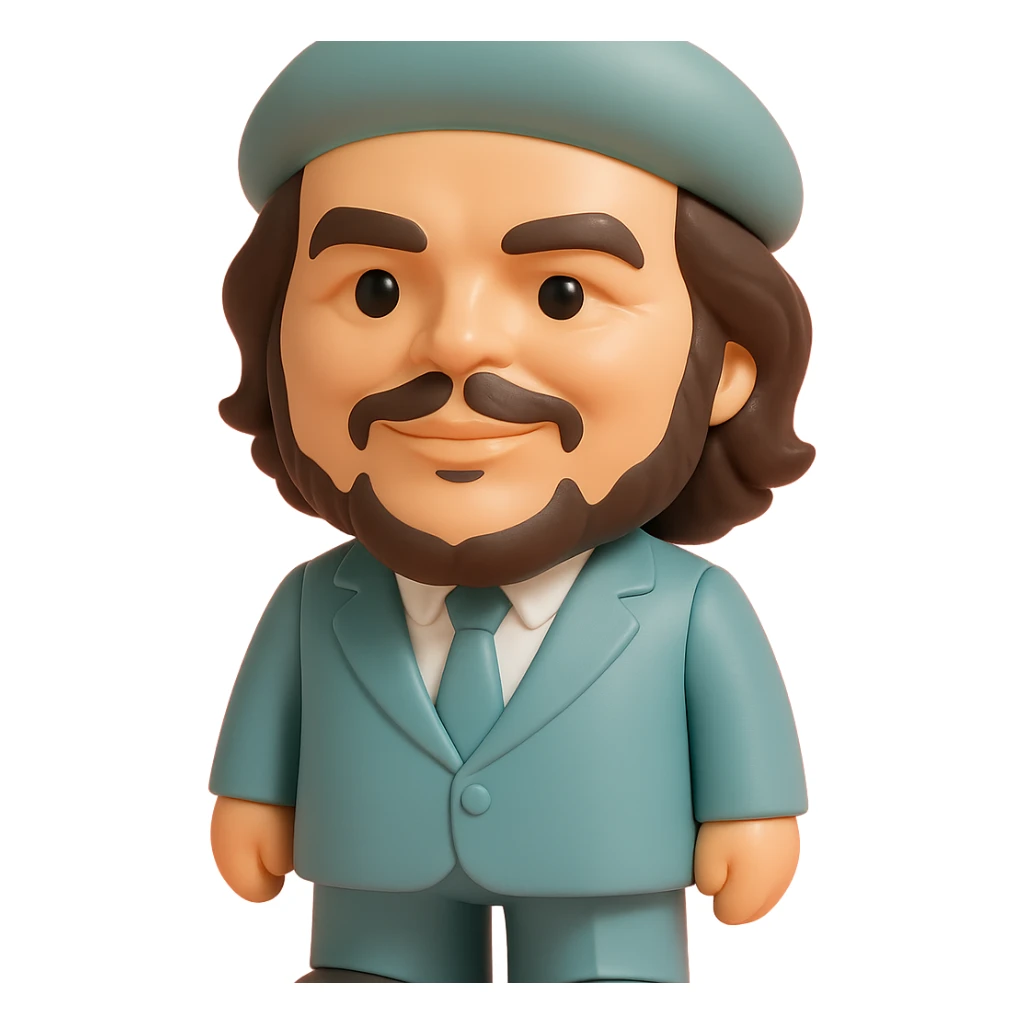 Che Guevara in a suit and tie, oversized head, confident smile, vinyl figure style sticker