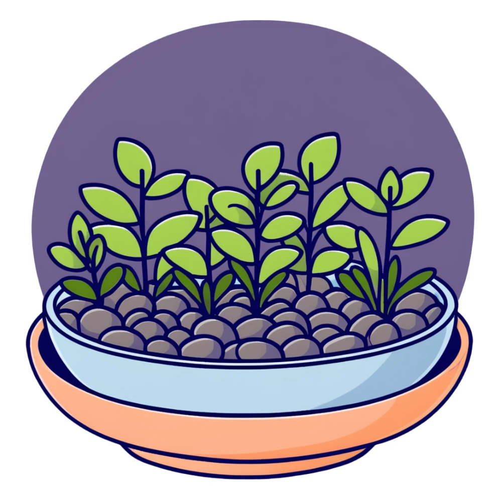Shallow ceramic dish garden with Plectranthus Verticillatus sprouts featuring circular penny-shaped leaves arranged with decorative stones sticker