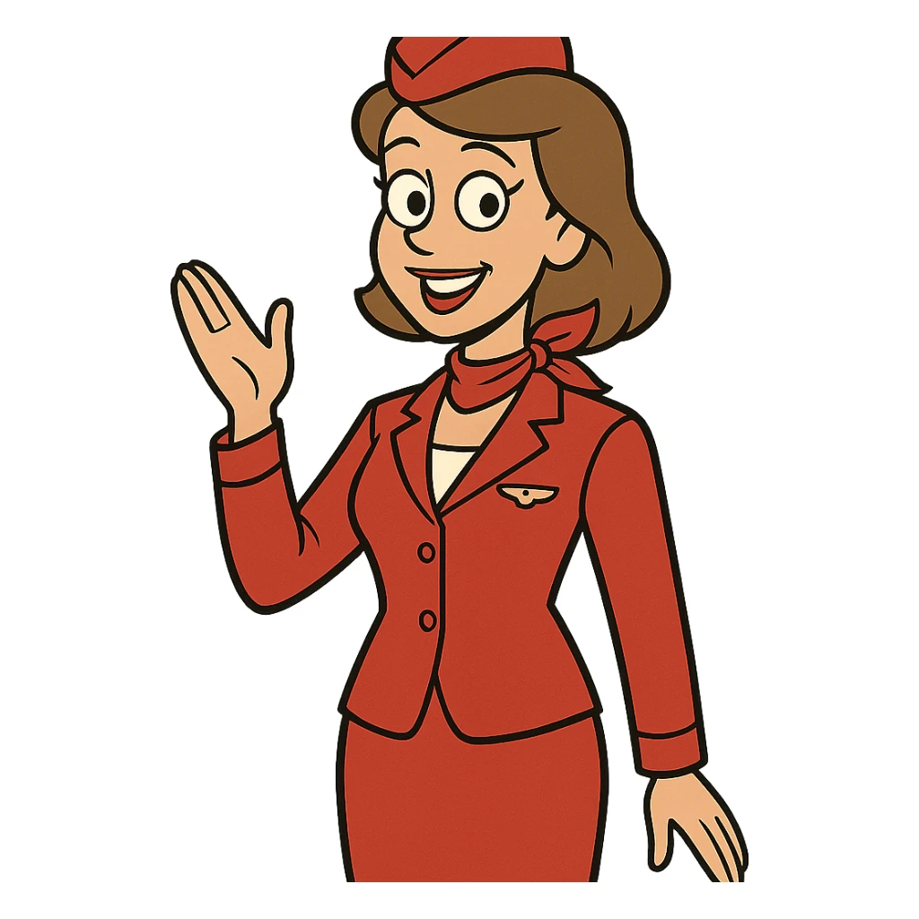 flight attendant in a red uniform, smiling, classic airline style, white background sticker