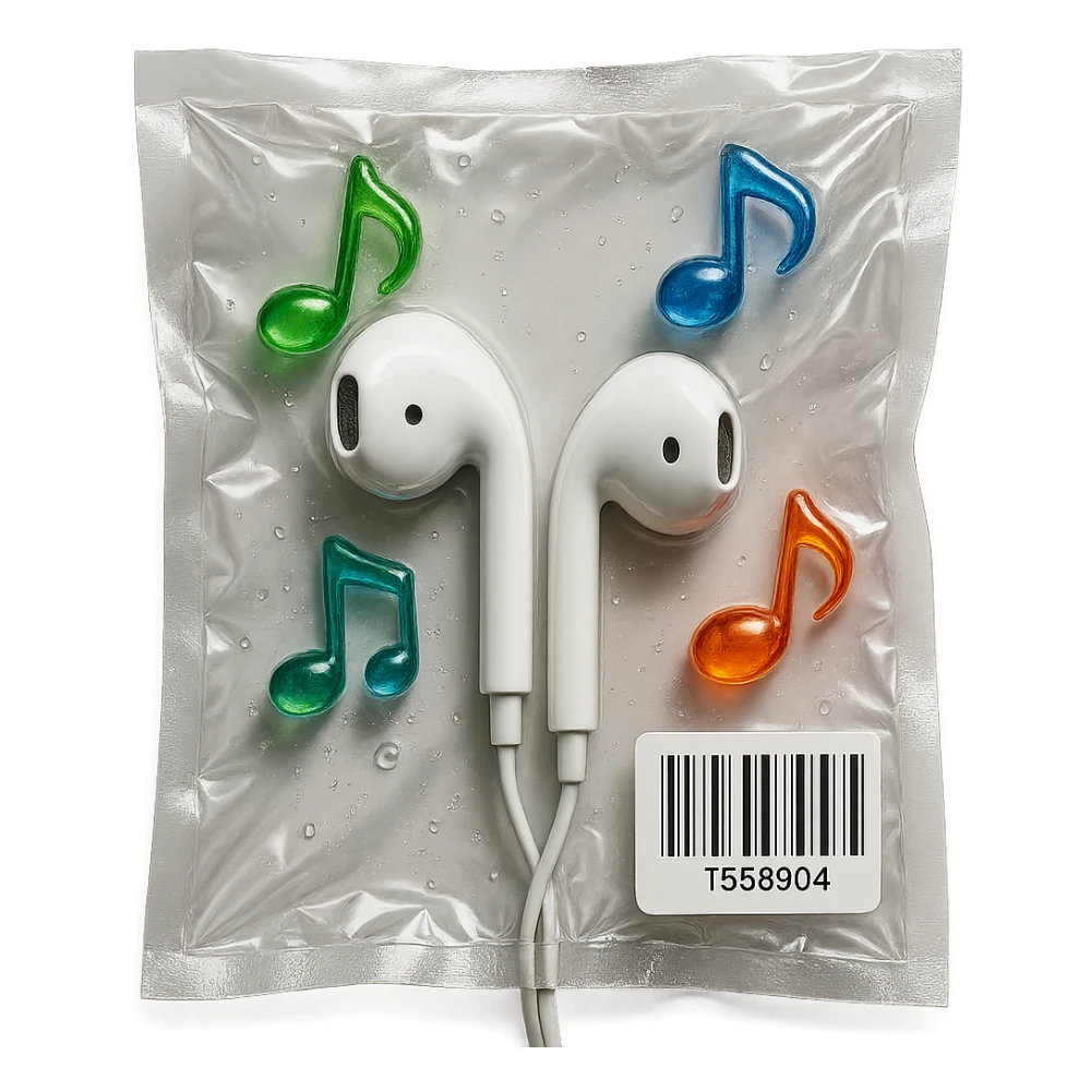 white EarPods headphones with three small rainbow glass music notes arranged around, glossy sticker