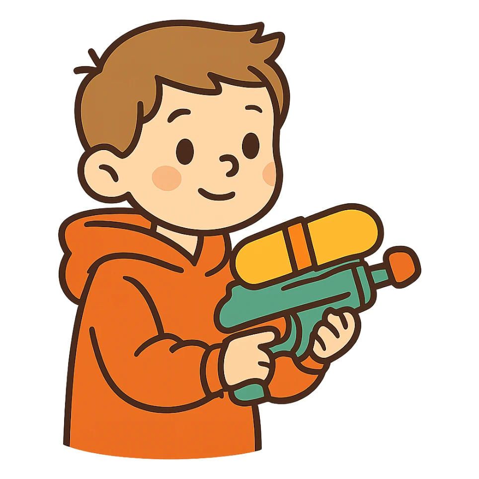 flat toon style little white kid in oversized hoodie, holding a cartoonish water gun sticker