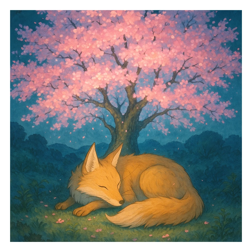 Fox spirit sleeping under a glowing sakura tree. sticker