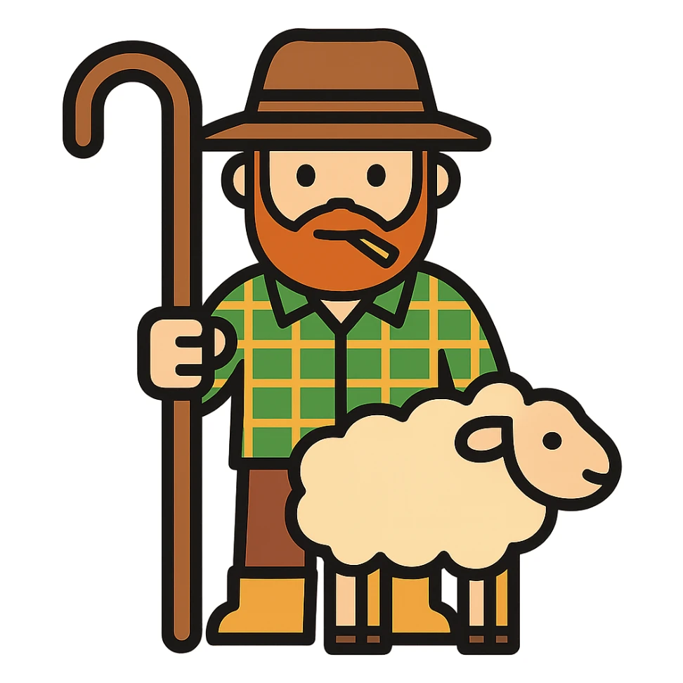 Make the shepherd wear a checkered shirt, brown pants, beige boots, and have a toothpick in his lips, maintaining the lineal color icon style with black outlines and transparent background. sticker