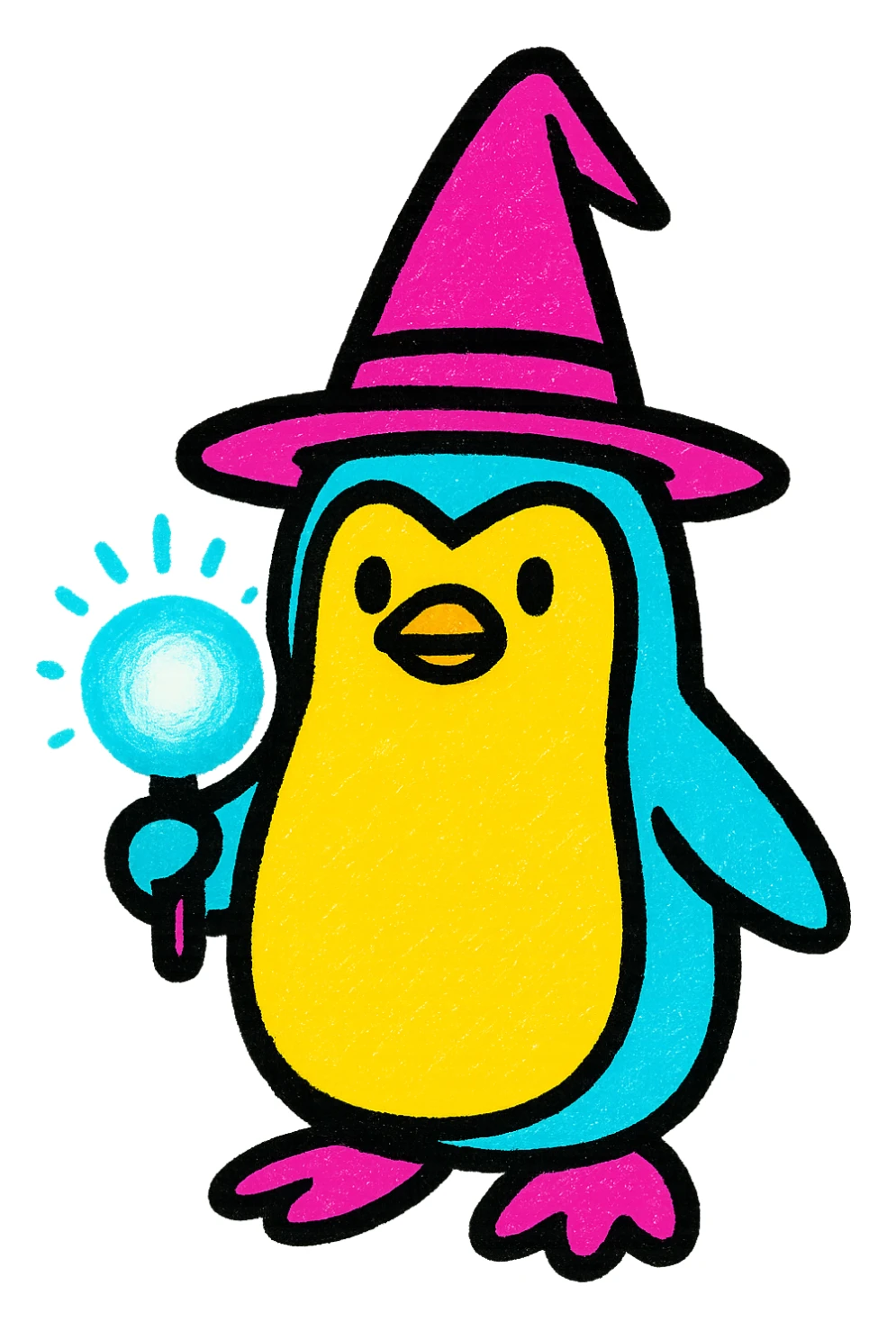 a penguin wizard wearing a pointed hat and holding a glowing orb, vibrant colorful style sticker