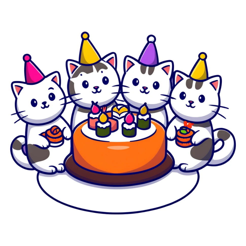 six different cats arranged in a circle, celebrating with party hats, each cat holding a piece of sushi, birthday cake in the center sticker