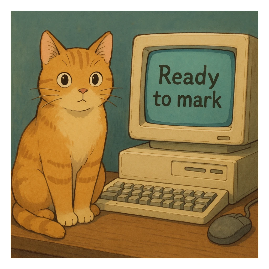 A cat sitting next to a computer with the inscription 'Ready to mark' sticker