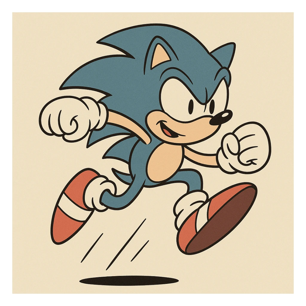 Sonic the Hedgehog, jumping in the air, dynamic action pose, blue spikes, red and white shoes sticker
