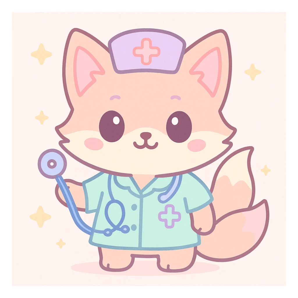 kitsune fox as a medic with a stethoscope, cute cartoon style sticker