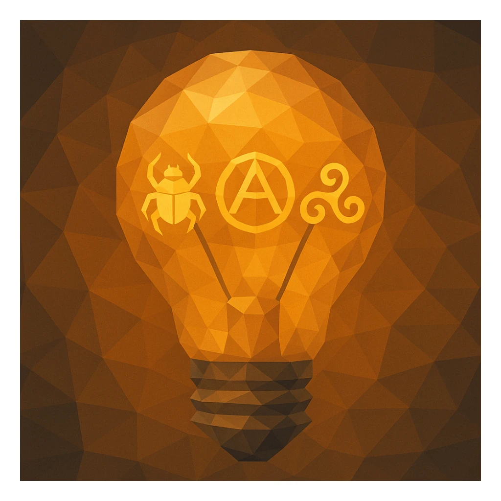 lightbulb with ancient symbols inside in polygonal low-poly style sticker
