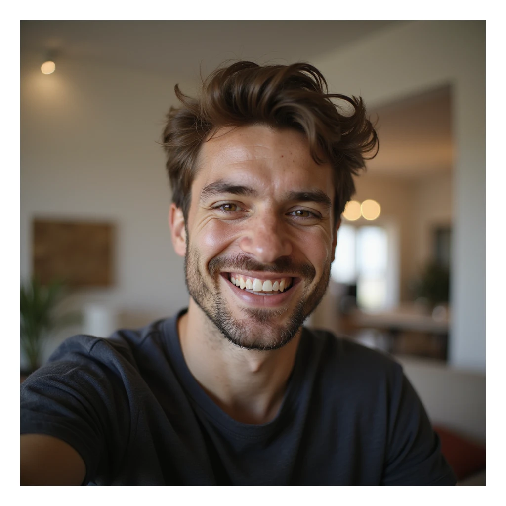 smiling guy taking a selfie indoors, photorealistic style sticker