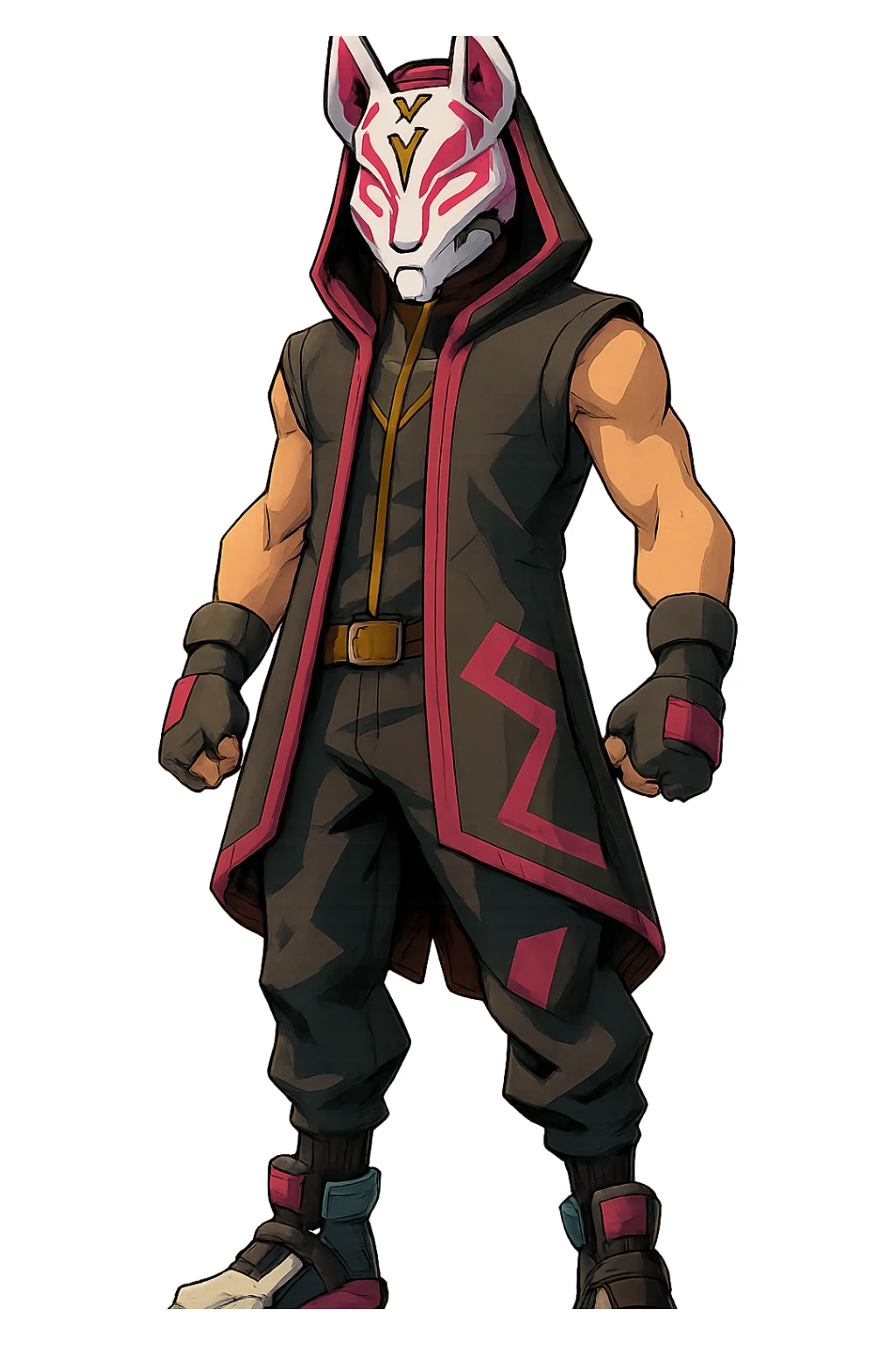 Fortnite Drift skin, full body, fox mask, glowing pink lines, stylized, no text sticker