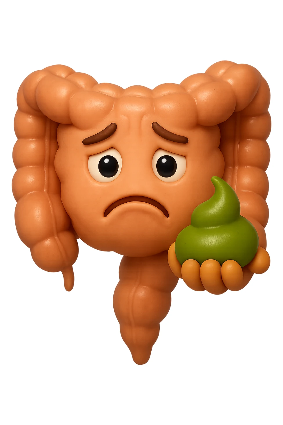 emoji stile iphone 3d di un intestino con espressione triste con cacca verde e liquida in mano, iperrealistiche 4k sticker