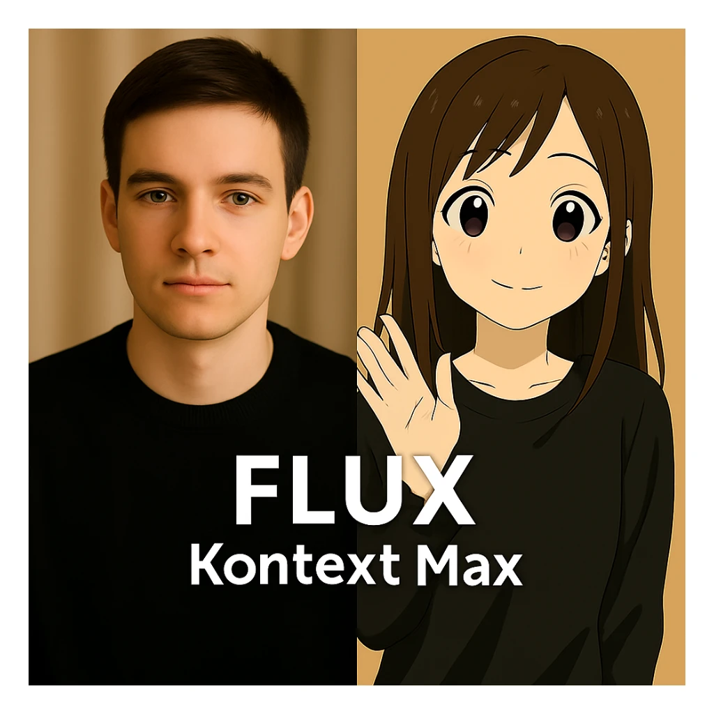 same similar image but chnage the text to "Flux Kontext Max", change people and pose too sticker