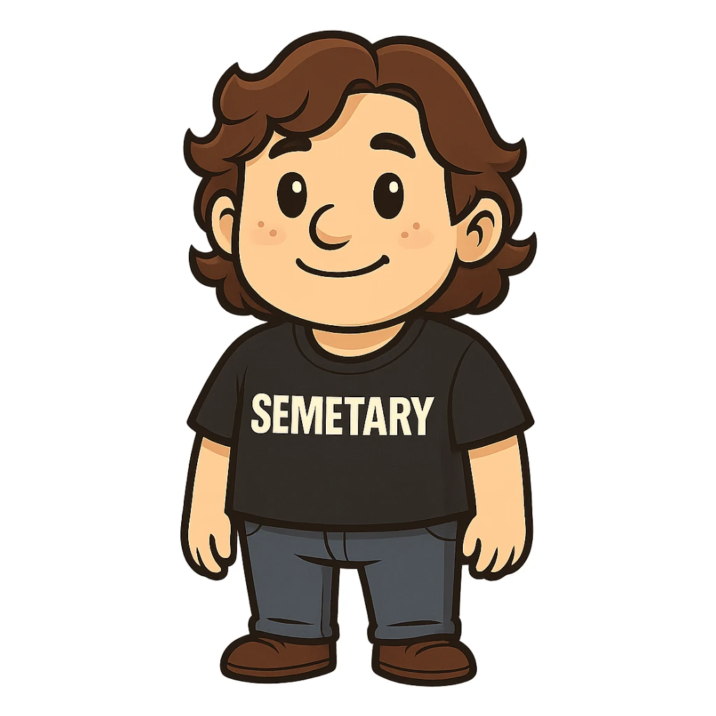 Make the chubby man look younger and have him wear Semetary merch. The original style is sticker style, which does not support editing, so use the general style editor while respecting the sticker style look. sticker