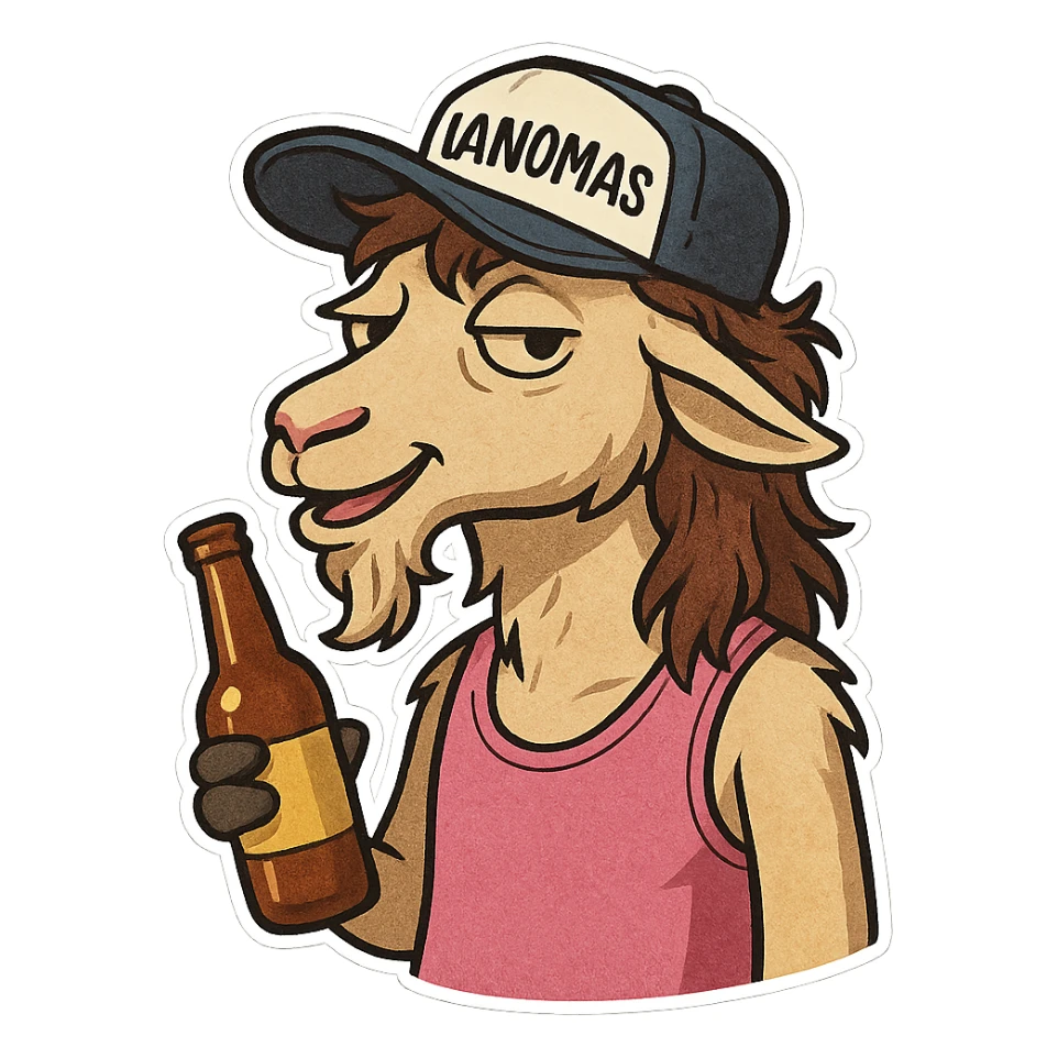 сгенерируй стикеры с козлом в стиле телеграм. козел держит бутылку с пивом в кепке "VANOMAS" и сидит в розовой майке-алкашке. прическа - малет. фон прозрачный sticker